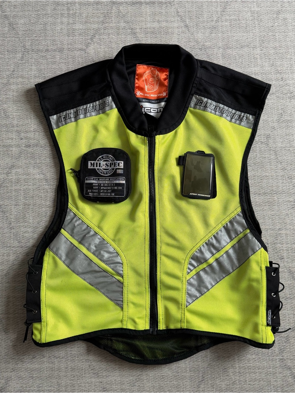 Icon Motorsport Mil-Spec Adult Black/Yellow Biker Motorcycle Vest Regular Size